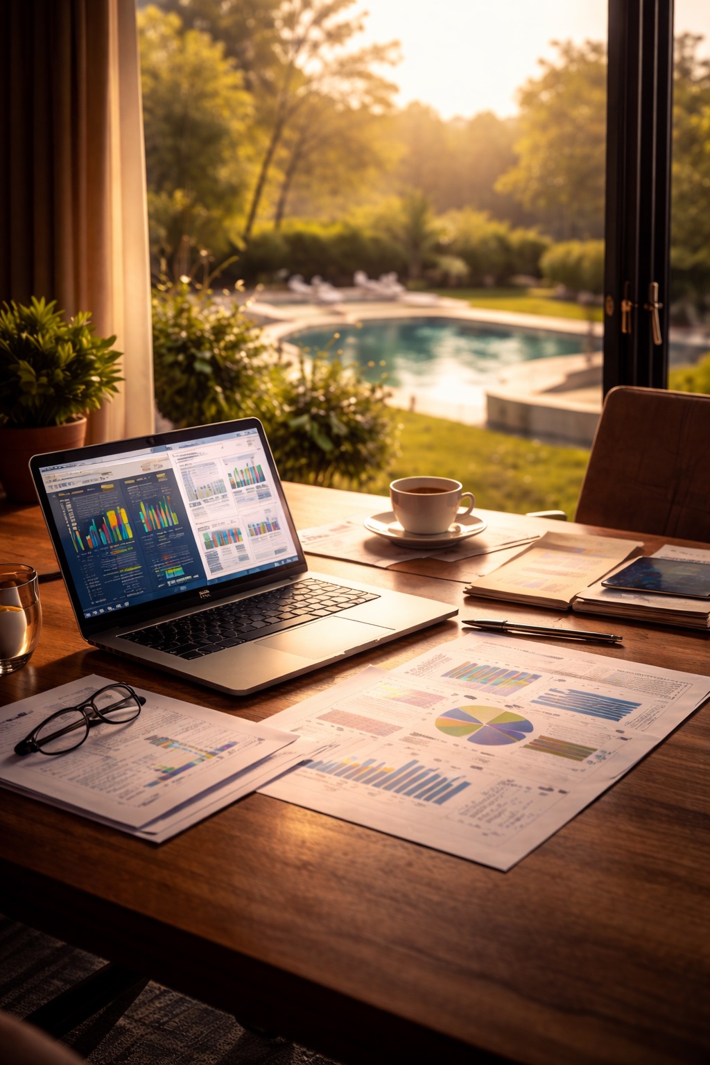 bureau avec ordinateur portable affichant des graphiques financiers, des documents et une tasse de café, situé près d’une fenêtre donnant sur une piscine et un jardin ensoleillé.