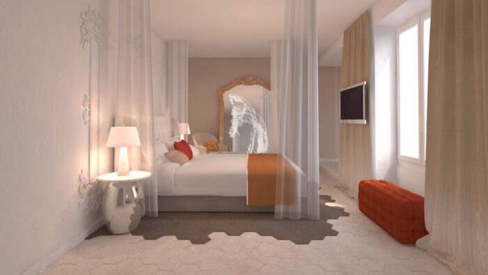 Chambre d’hôtel élégante, décoration moderne et chaleureuse, idéale pour améliorer rentabilité hôtel avec confort et design, luminaires raffinés, ambiance accueillante pour séjour agréable.
